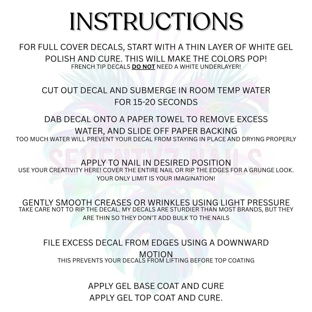 Instruction sheet for waterslide nail decals