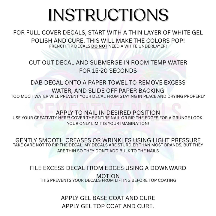Instruction sheet for waterslide nail decals