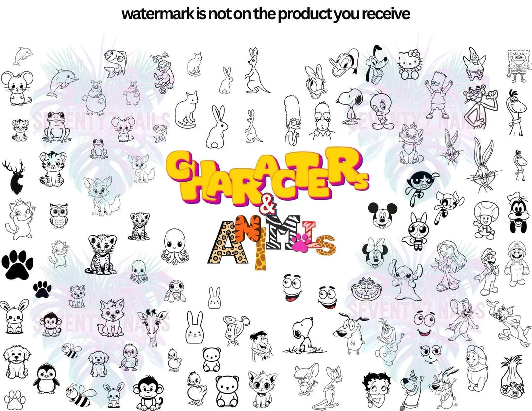 Laminated Single Nail Art Practice Sheet - Characters/Animals - Seventy7 Nail Decals
