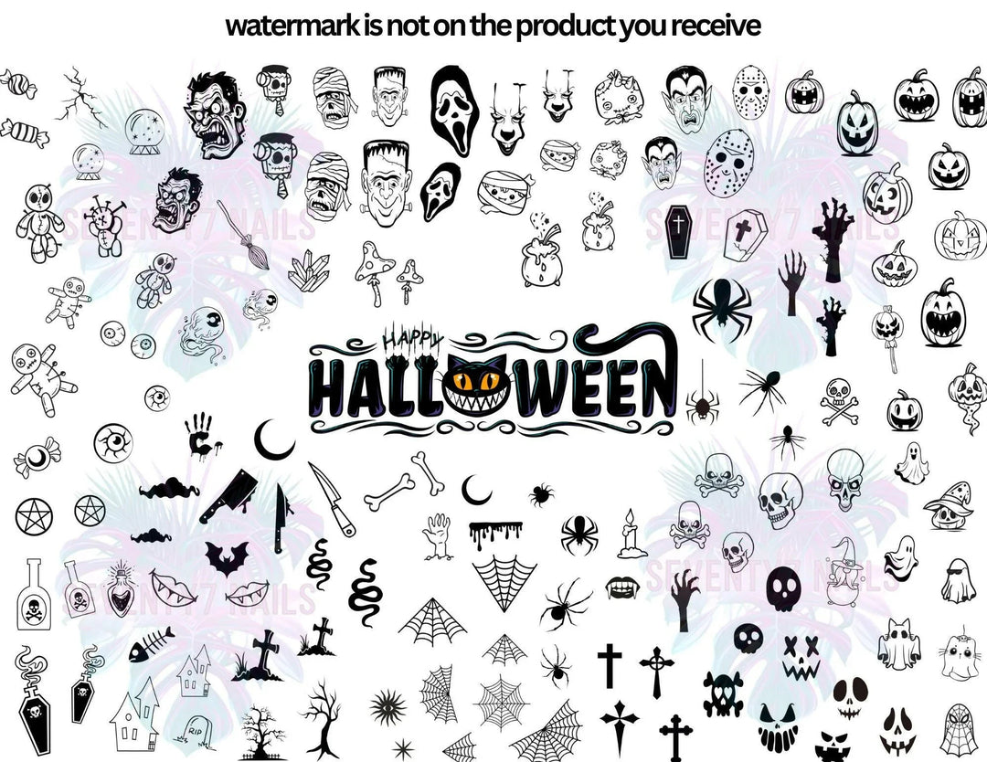 Laminated Single Nail Art Practice Sheet - Halloween - Seventy7 Nail Decals