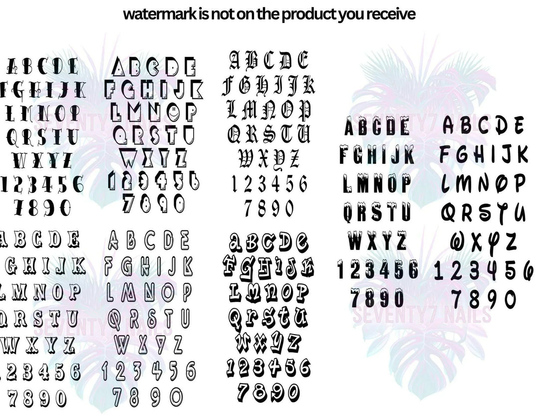 Laminated Single Nail Art Practice Sheet - Lettering - Seventy7 Nail Decals