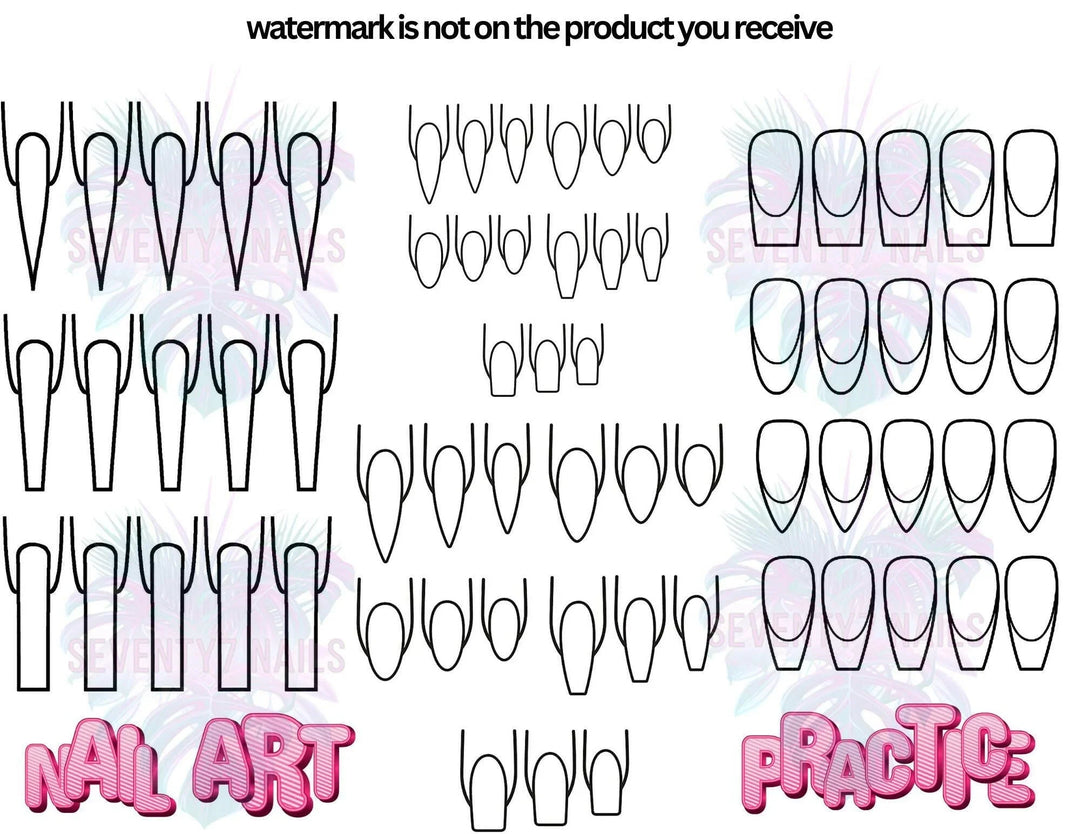 Laminated Single Nail Art Practice Sheet - Nail Art Practice - Seventy7 Nail Decals