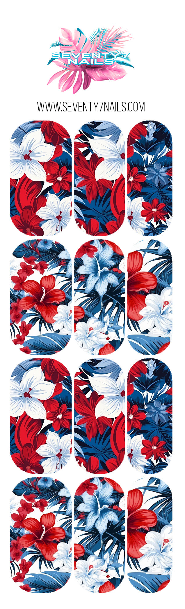 Waterslide Nail Decals - Red White Blue Floral