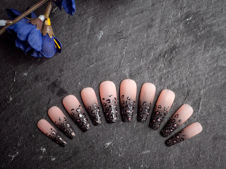 Custom Luxury Press On Nails - Black Leopard Ombre - Seventy7 Nail Decals