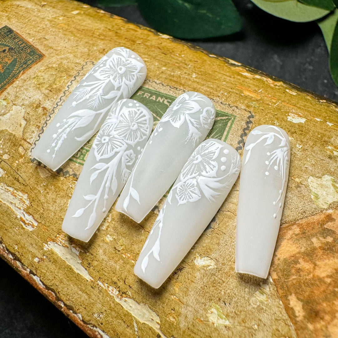 Custom Luxury Press On Nails - Frosted White Floral - Seventy7 Nail Decals