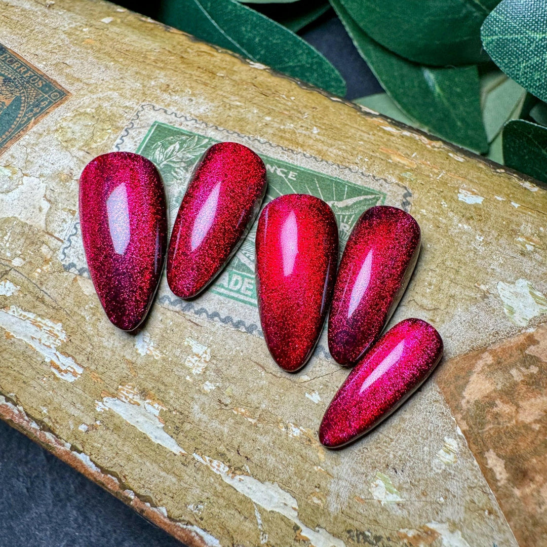 Custom Luxury Press On Nails - Red Cat Eye - Seventy7 Nail Decals