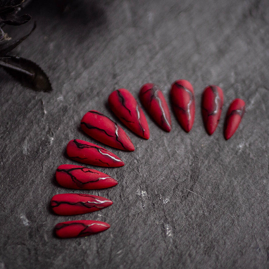 Custom Luxury Press On Nails - Red Marble - Seventy7 Nail Decals