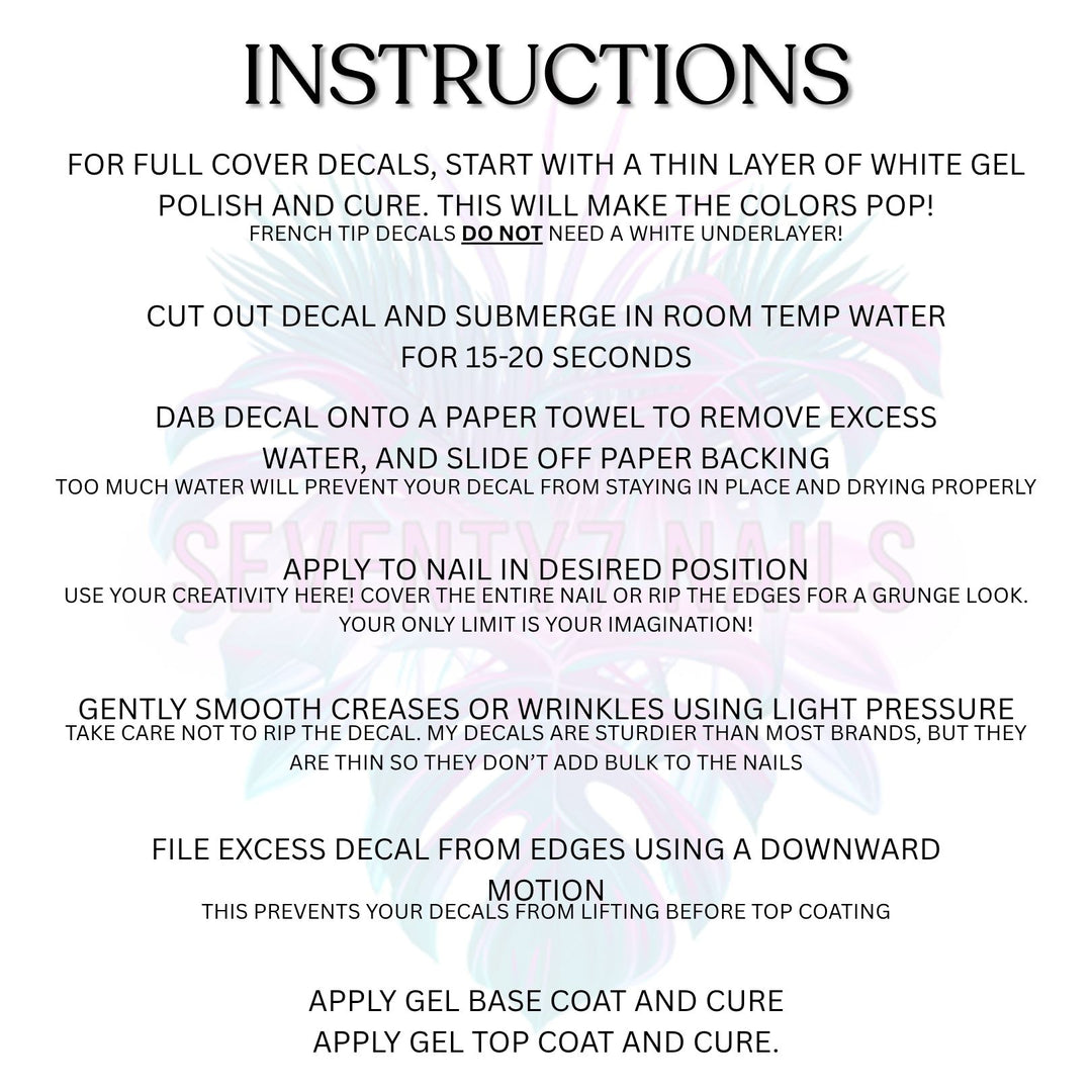 Instruction sheet for waterslide nail decals