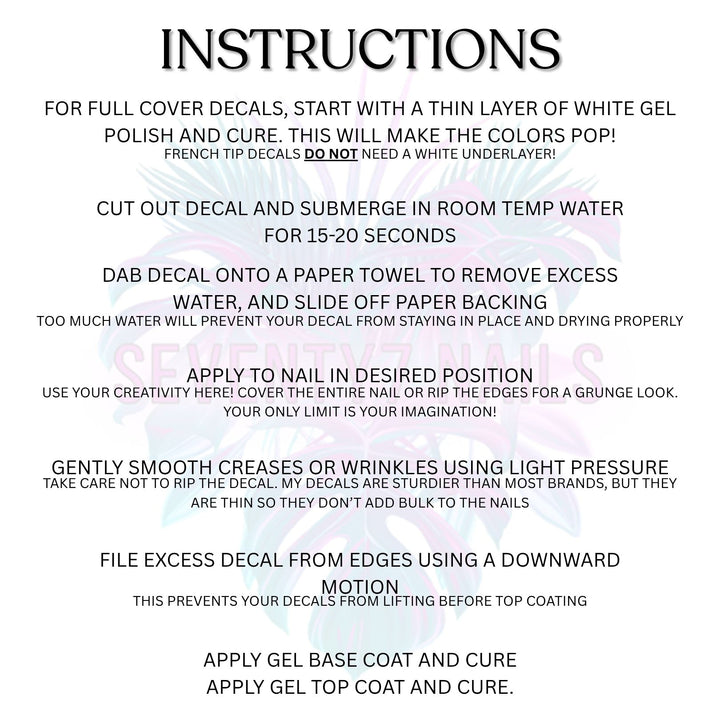 Instruction sheet for waterslide nail decals