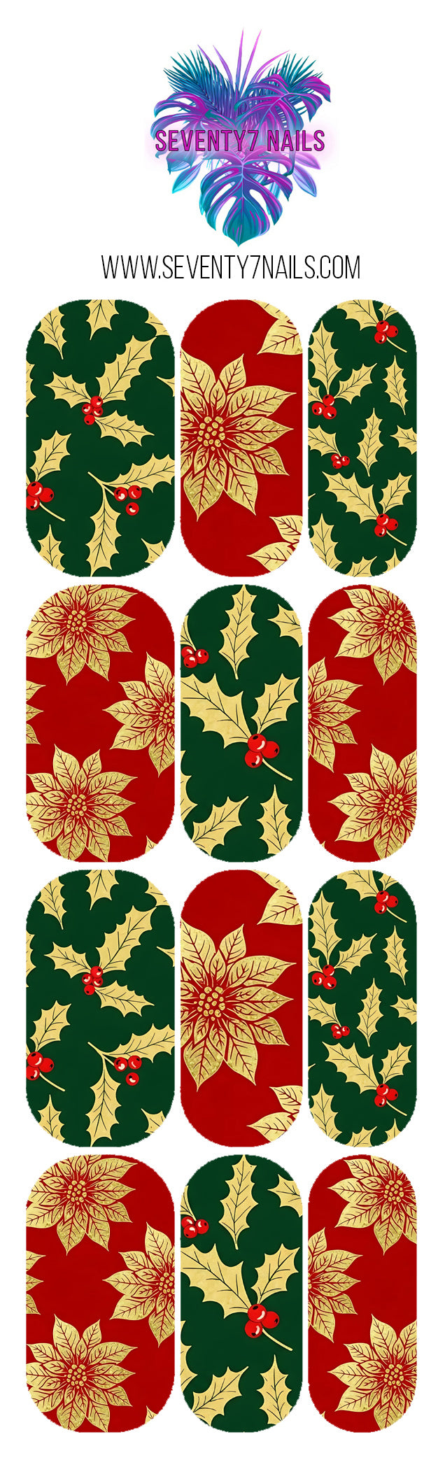 Waterslide Nail Decals - Green & Gold Holly