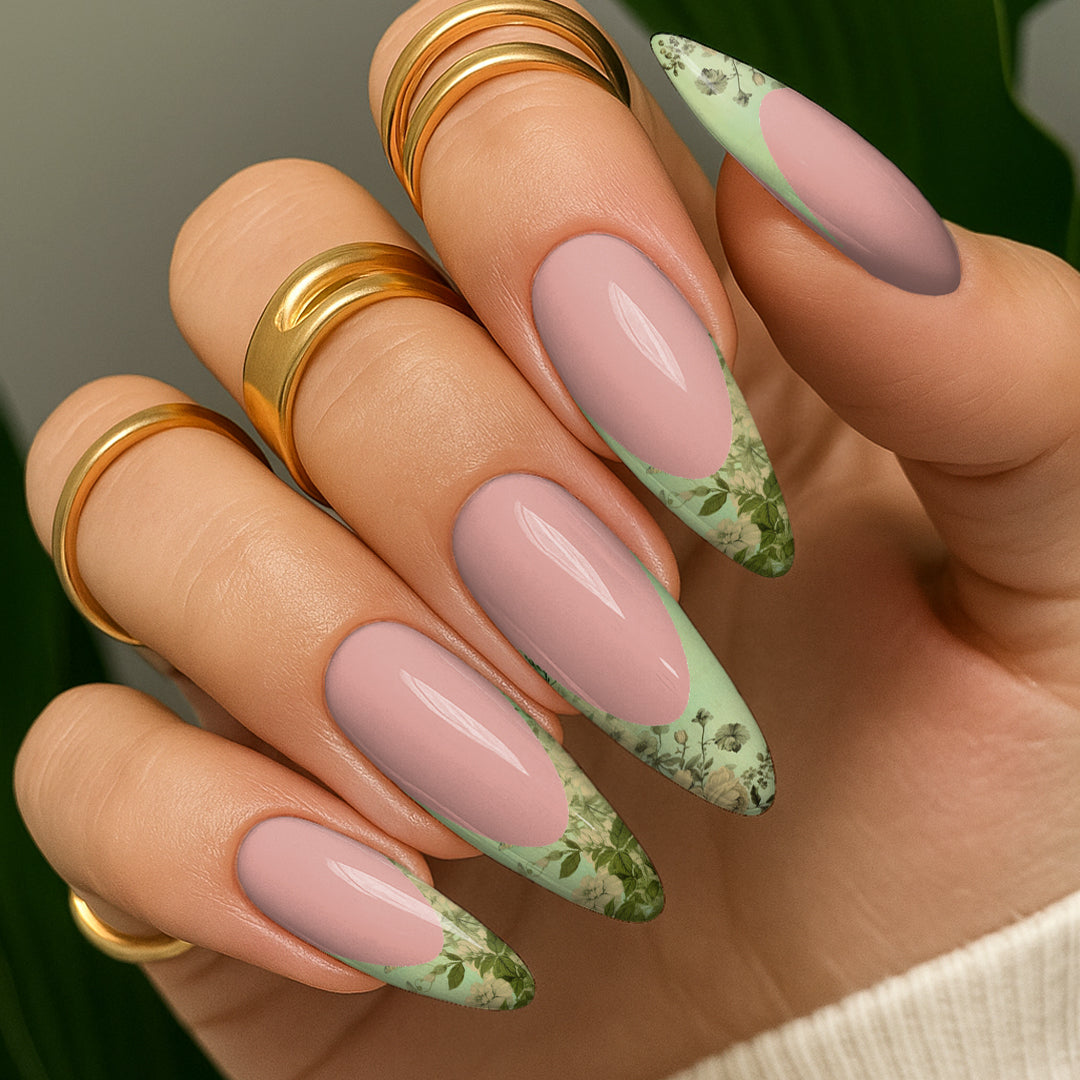 Waterslide Nail Decals - French Cut - Green Floral - Seventy7 Nail Decals