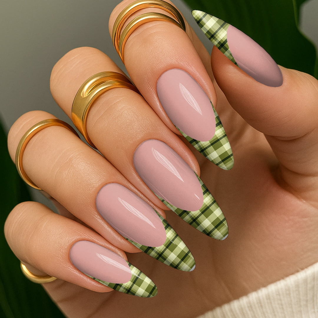 Waterslide Nail Decals - French Cut - Green Plaid - Seventy7 Nail Decals