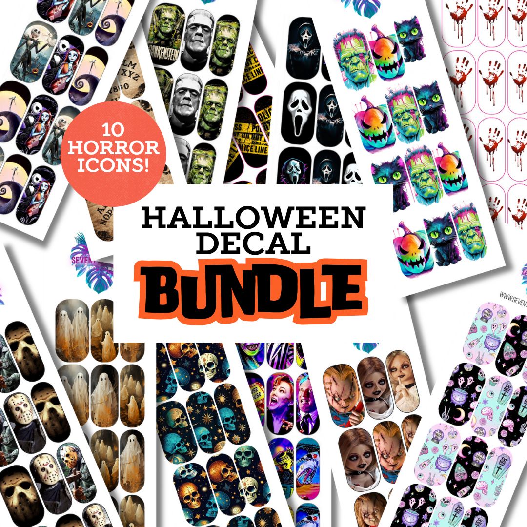 Halloween decal bundle with various horror-themed designs on a white background.