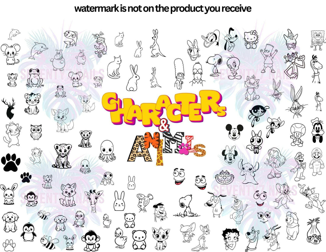 Laminated Single Nail Art Practice Sheet - Characters/Animals - Seventy7 Nail Decals