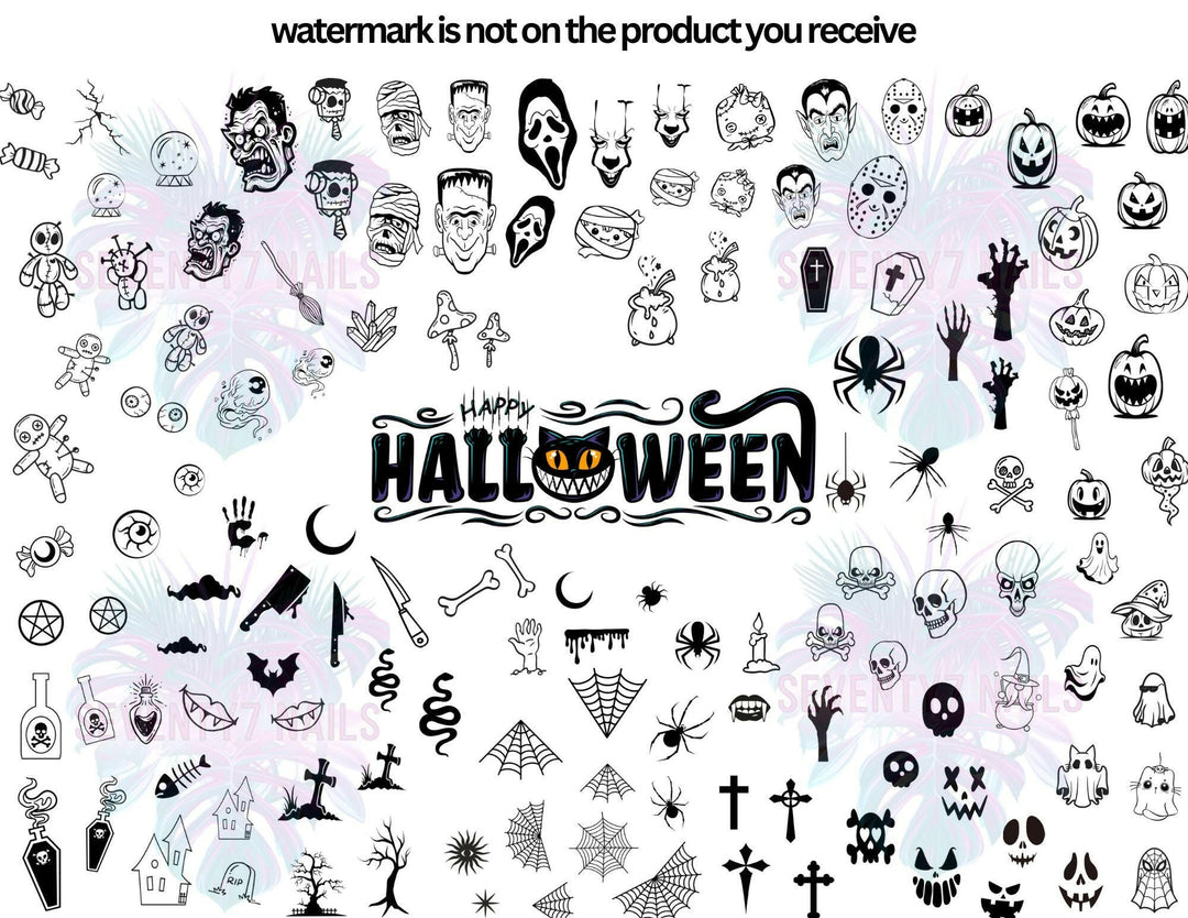 Laminated Single Nail Art Practice Sheet - Halloween - Seventy7 Nail Decals