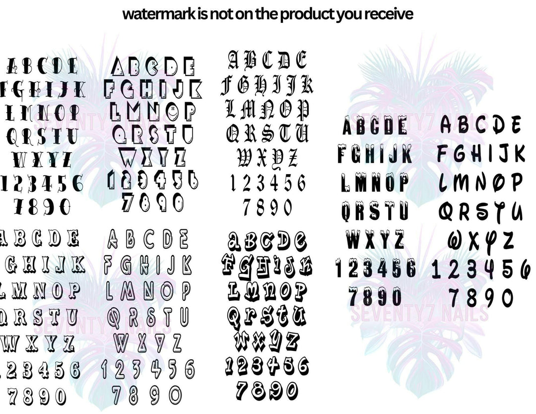 Laminated Single Nail Art Practice Sheet - Lettering - Seventy7 Nail Decals