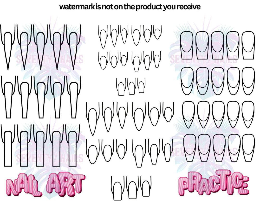 Laminated Single Nail Art Practice Sheet - Nail Art Practice - Seventy7 Nail Decals