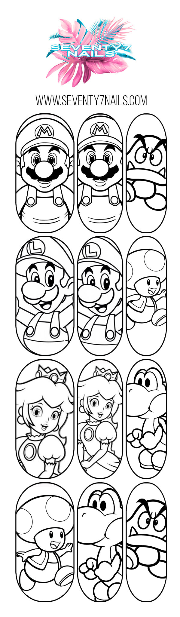 Mario &amp; Friends Outline Nail Decals | Color Your Own Nail Art