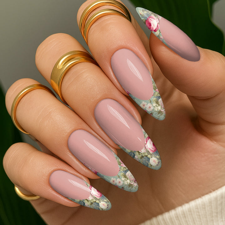 Waterslide Nail Decals - French Cut - Mint Floral - Seventy7 Nail Decals