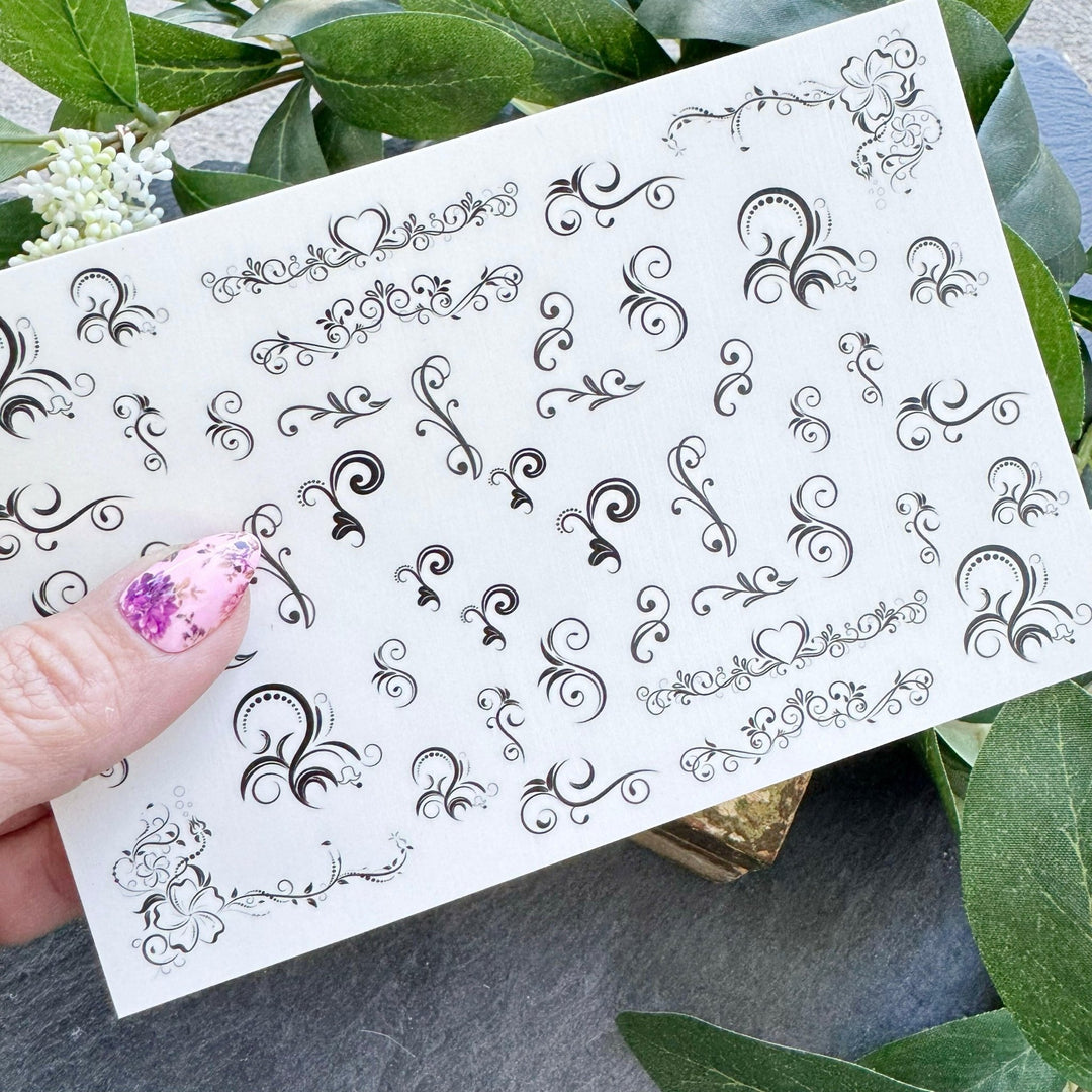 Nail Art Outline Decals - FLOURISHES (BLACK OVERLAY) - Seventy7 Nail Decals