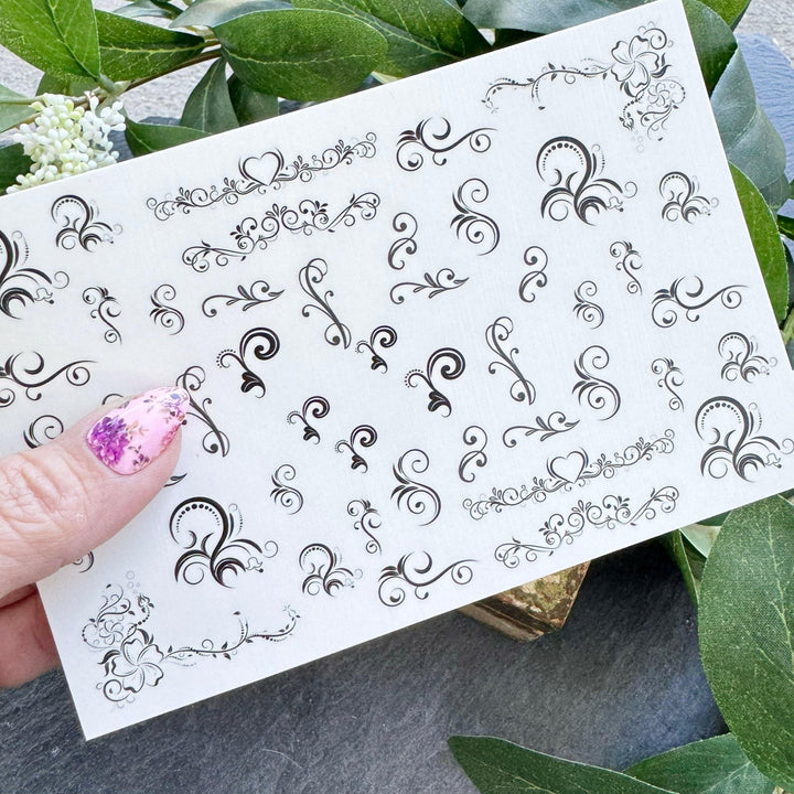 Nail Art Outline Decals - FLOURISHES (BLACK OVERLAY) - Seventy7 Nail Decals