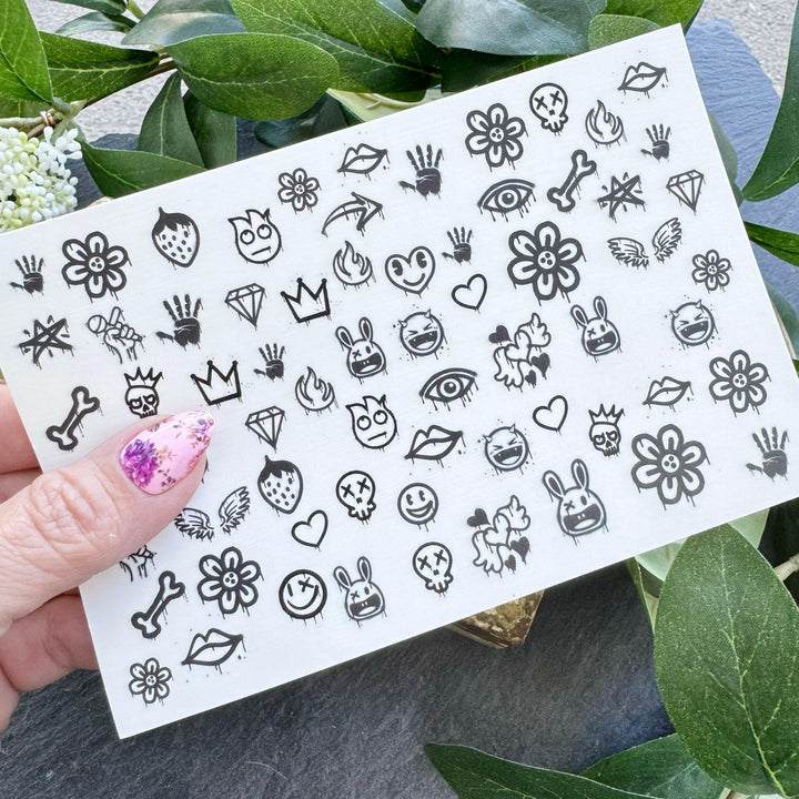 Nail Art Outline Decals - GRAFFITI (BLACK OVERLAY) - Seventy7 Nail Decals