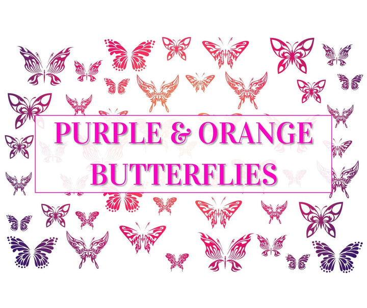 Nail Art Outline Decals - ORANGE & PURPLE BUTTERFLIES (BLACK OVERLAY) - Seventy7 Nail Decals