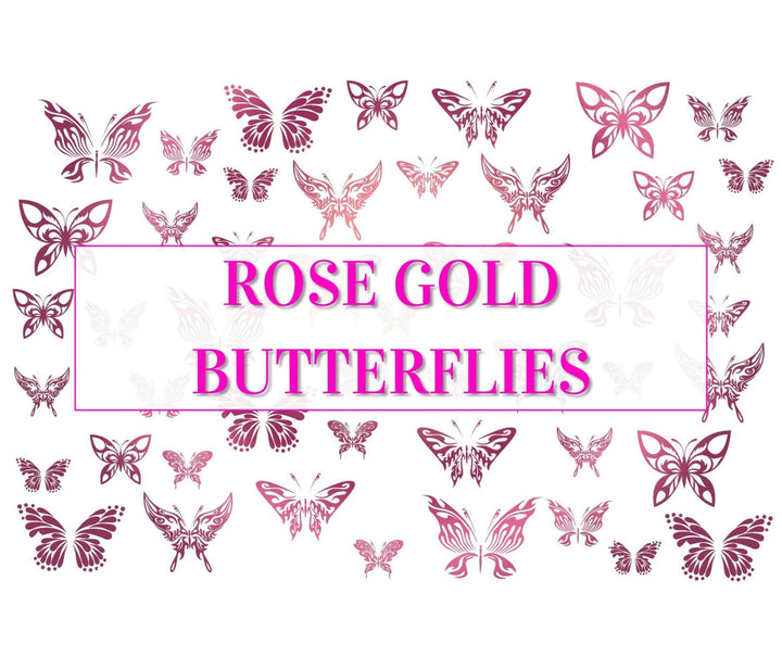 Nail Art Outline Decals - ROSE GOLD BUTTERFLIES (BLACK OVERLAY) - Seventy7 Nail Decals