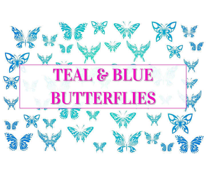 Nail Art Outline Decals - TEAL & BLUE BUTTERFLIES (BLACK OVERLAY) - Seventy7 Nail Decals