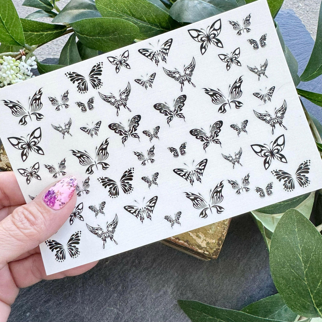 Nail Art Outline Decals - TEAL & BLUE BUTTERFLIES (BLACK OVERLAY) - Seventy7 Nail Decals