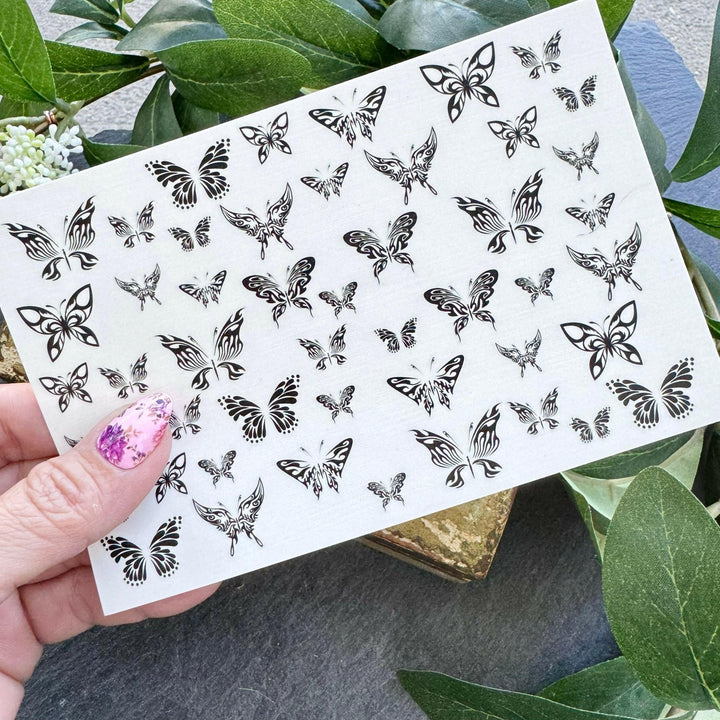 Nail Art Outline Decals - TEAL & BLUE BUTTERFLIES (BLACK OVERLAY) - Seventy7 Nail Decals