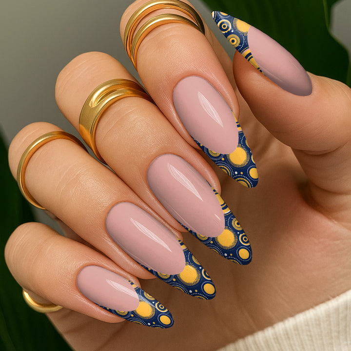 Waterslide Nail Decals - French Cut - Navy & Yellow Circles