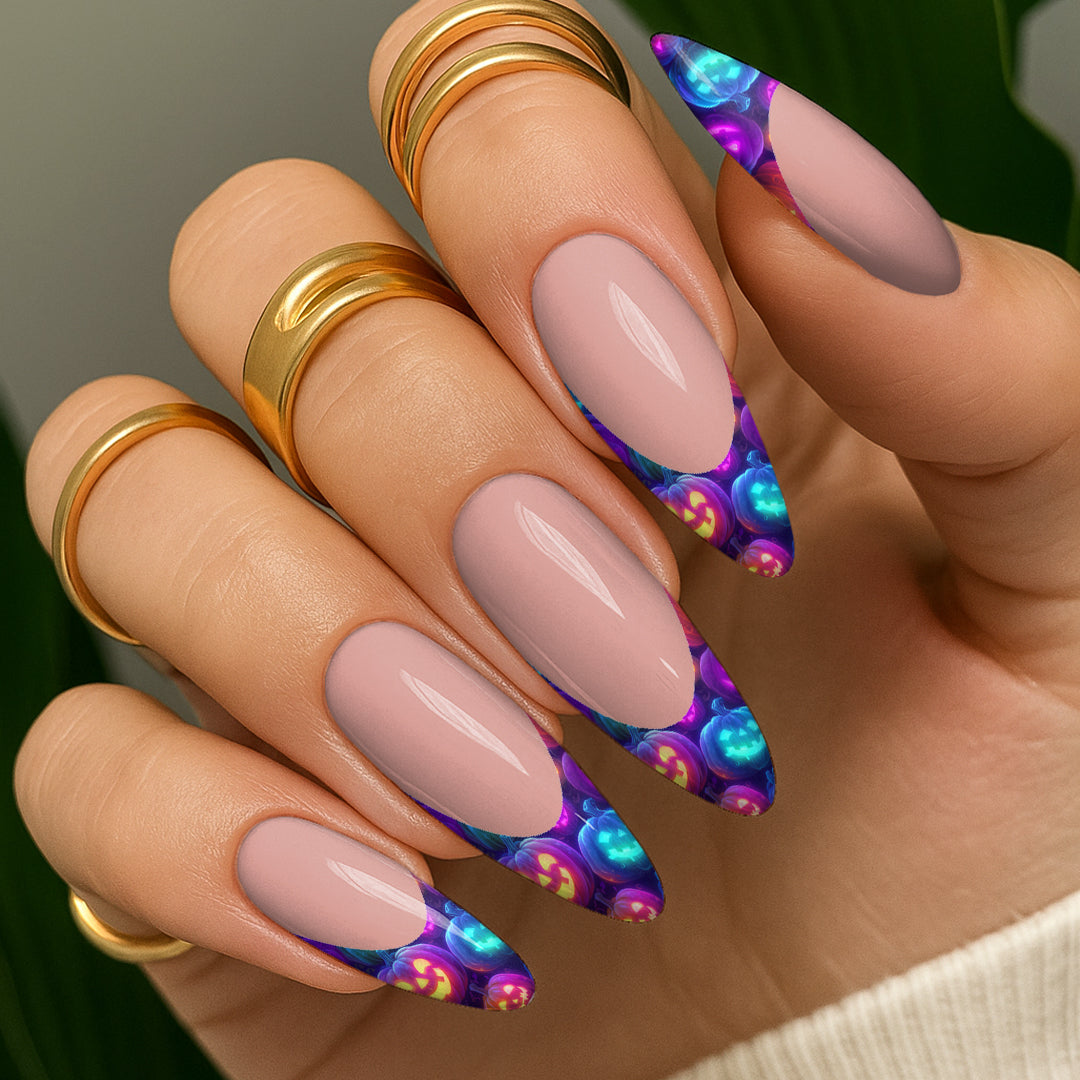 Waterslide Nail Decals - French Cut - Neon Pumpkins - Seventy7 Nail Decals