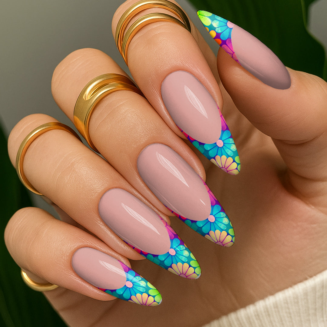 Waterslide Nail Decals - French Cut - Neon Daisies - Seventy7 Nail Decals