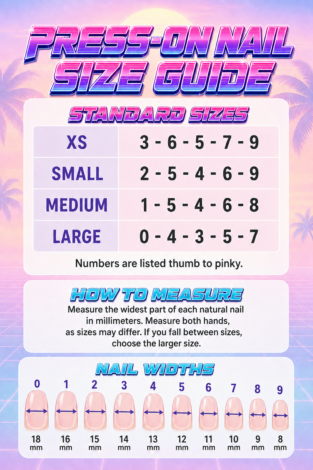 Press-on nail size guide for XS, Small, Medium and Large