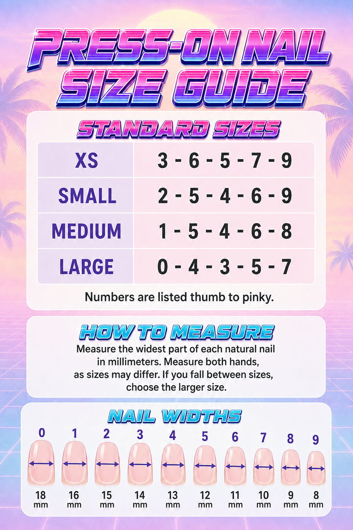 Press-on nail size guide for XS, Small, Medium and Large