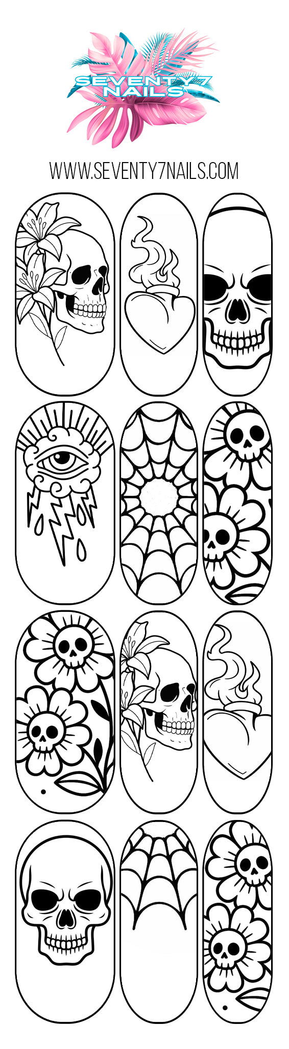 Dark Tattoo Outline Nail Decals | Skulls Webs &amp; Hearts