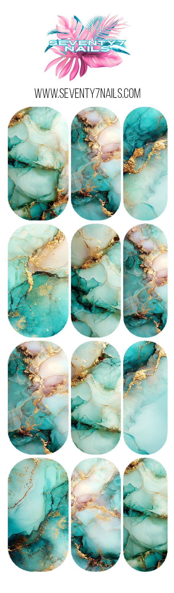 Waterslide Nail Decals - Teal Gold Marble - Seventy7 Nail Decals