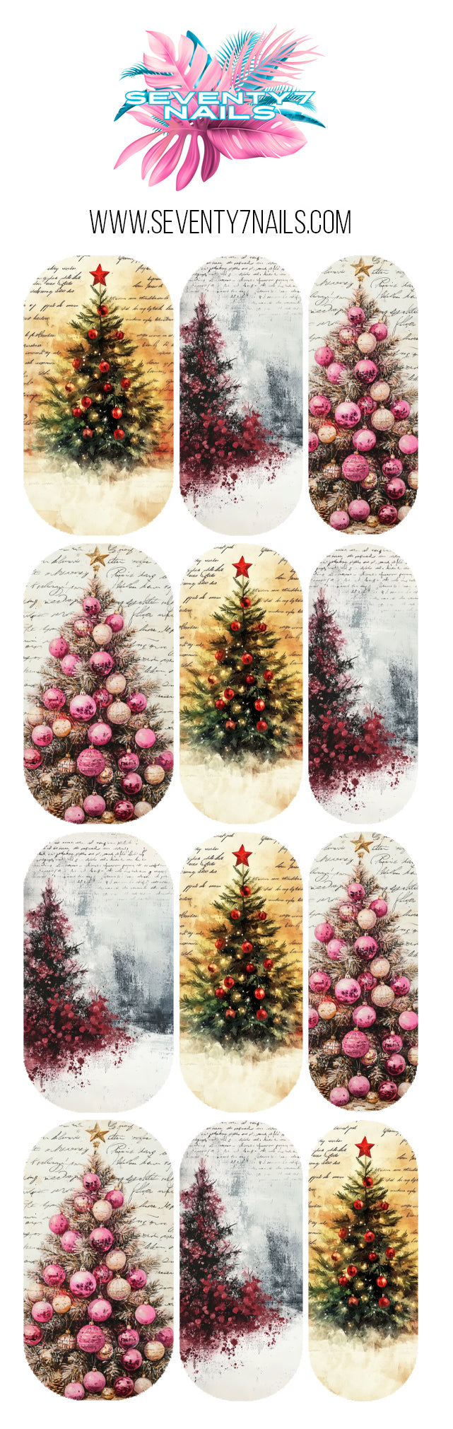 Winter Nail Decals - Vintage Christmas Trees