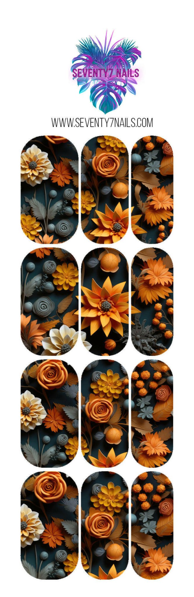 Waterslide Nail Decals - 3D Orange Floral - Seventy7 Nail Decals