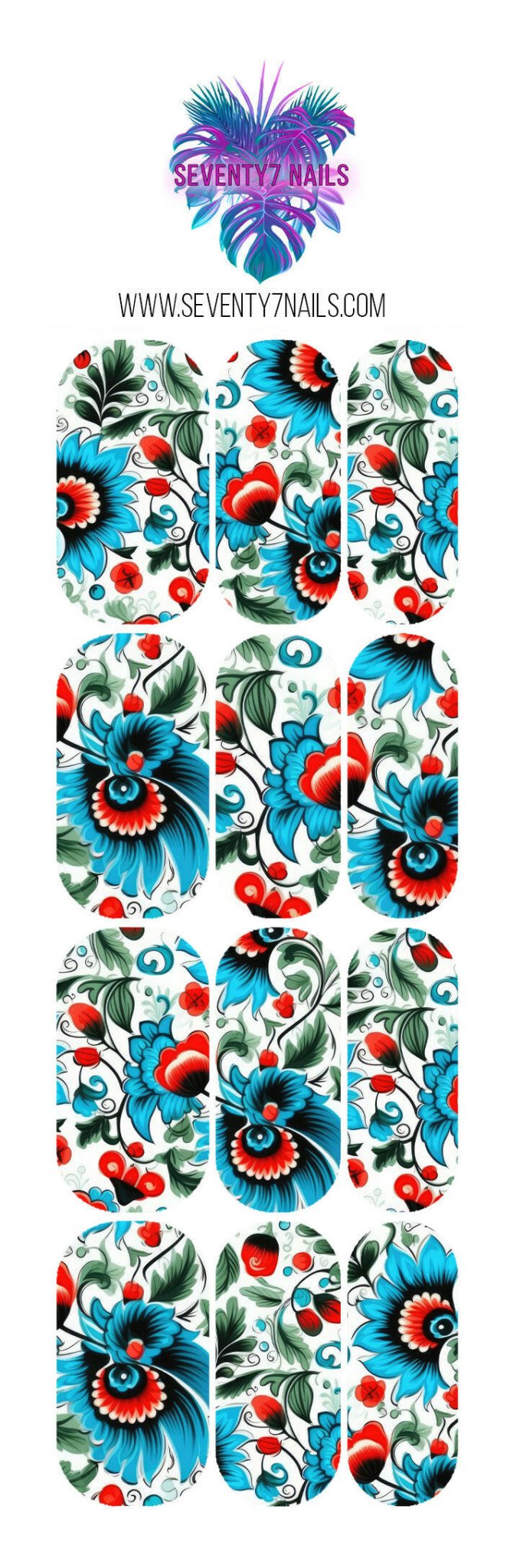 Waterslide Nail Decals - Blue Red Tile - Seventy7 Nail Decals