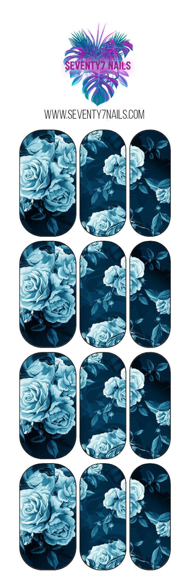 Waterslide Nail Decals - Blue Rose Floral - Seventy7 Nail Decals