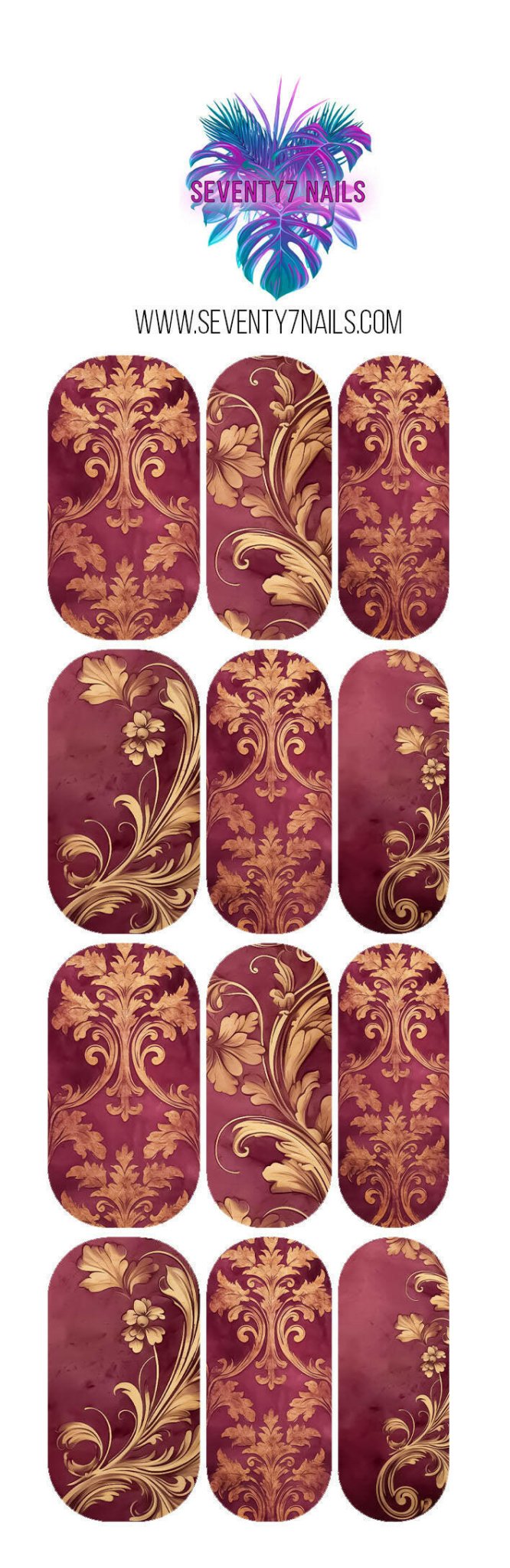 Waterslide Nail Decals - Burgundy Rococo - Seventy7 Nail Decals