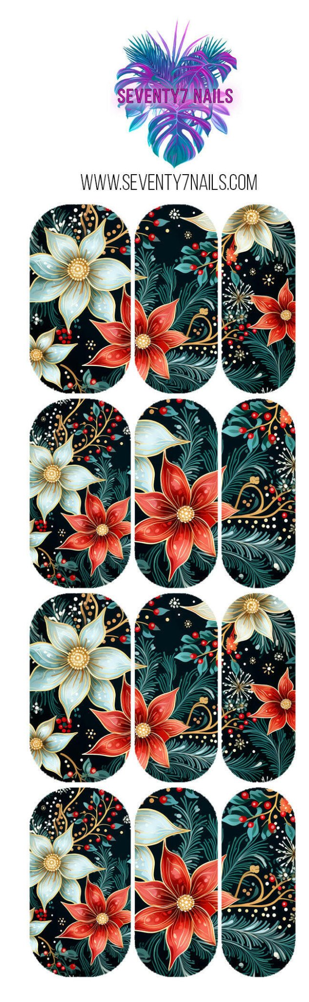 Waterslide Nail Decals - Christmas Floral - Seventy7 Nail Decals