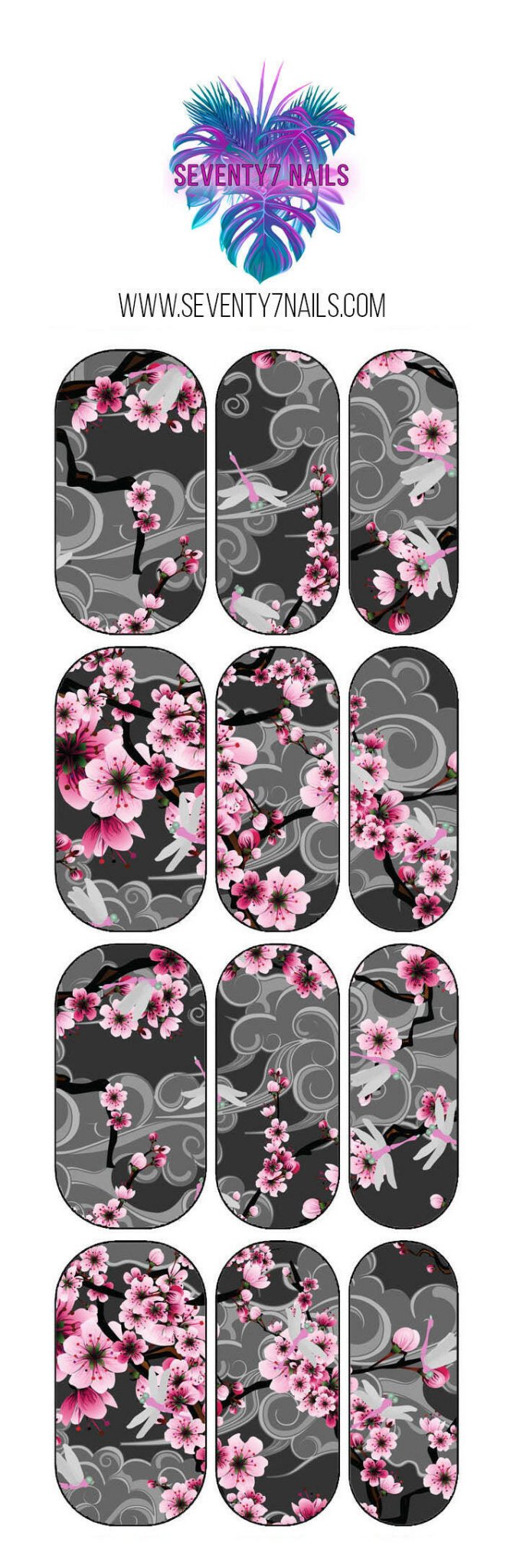 Waterslide Nail Decals - Dark Cherry Blossoms - Seventy7 Nail Decals