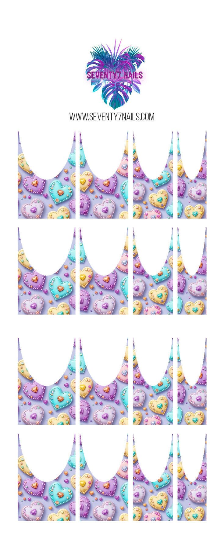 Waterslide Nail Decals - French Cut - 3D Pastel Hearts - Seventy7 Nail Decals