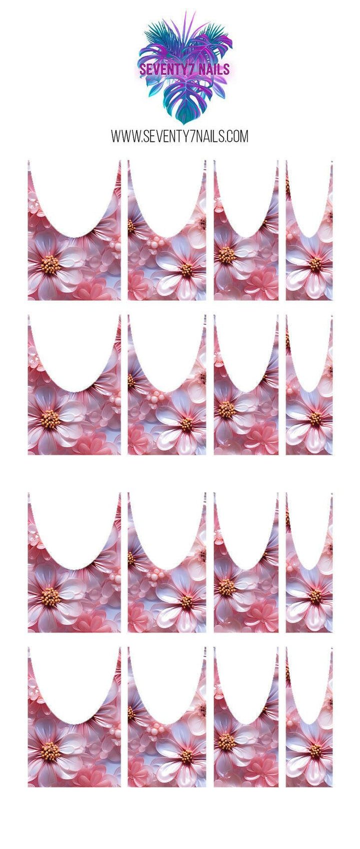 Waterslide Nail Decals - French Cut - 3D Pink Floral - Seventy7 Nail Decals