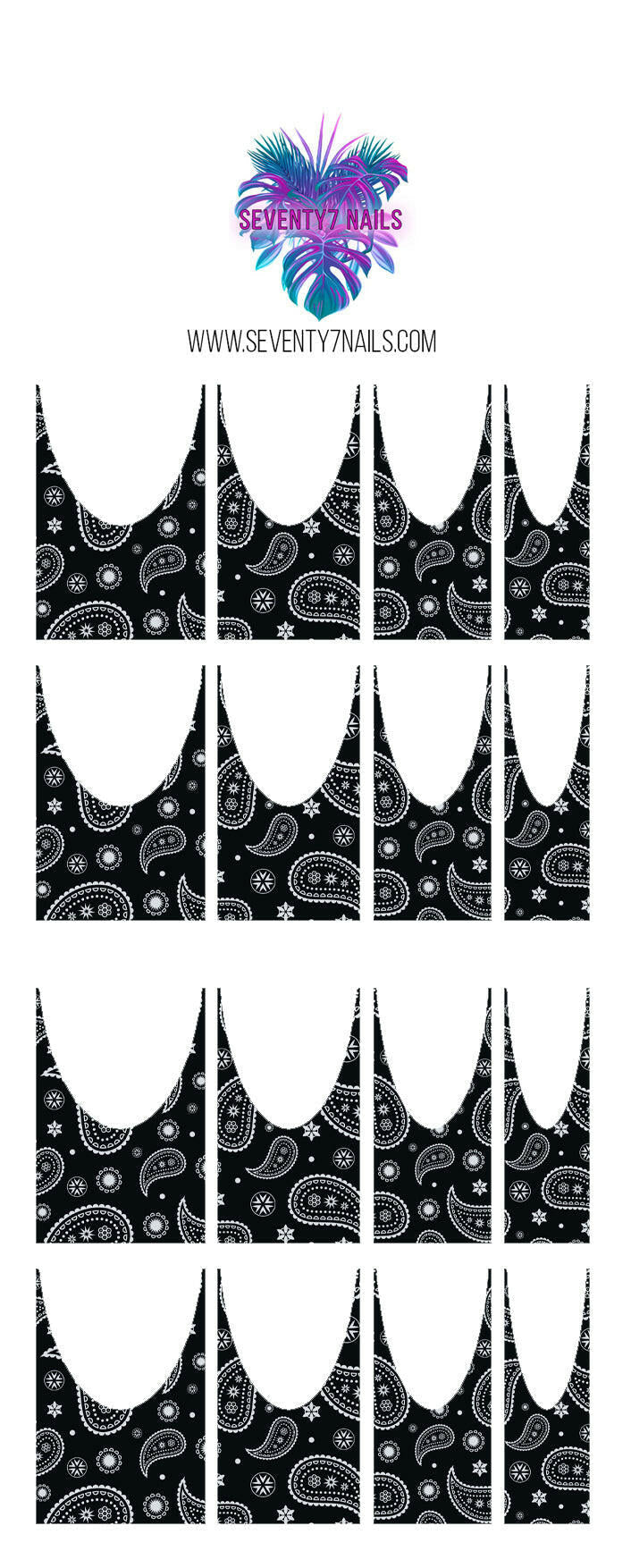 Waterslide Nail Decals - French Cut - Black Bandana - Seventy7 Nail Decals