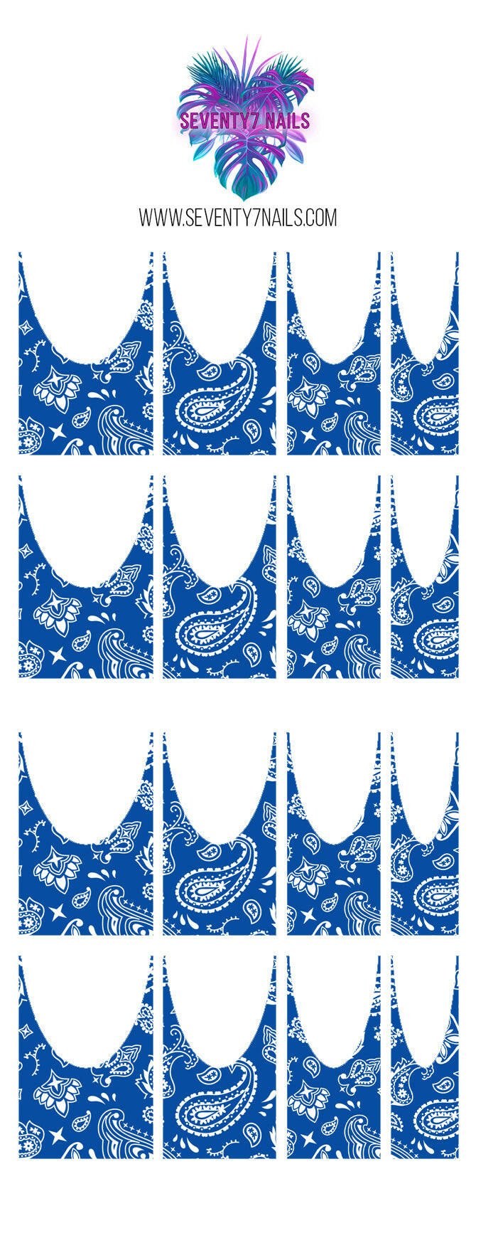 Waterslide Nail Decals - French Cut - Blue Bandana - Seventy7 Nail Decals