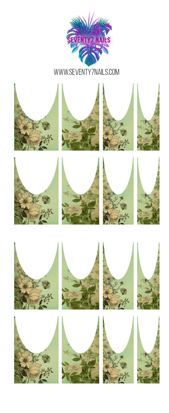 Waterslide Nail Decals - French Cut - Green Floral - Seventy7 Nail Decals